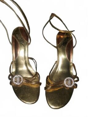 Wild Rose Gold Strappy Heels with Rhinestone Buckle